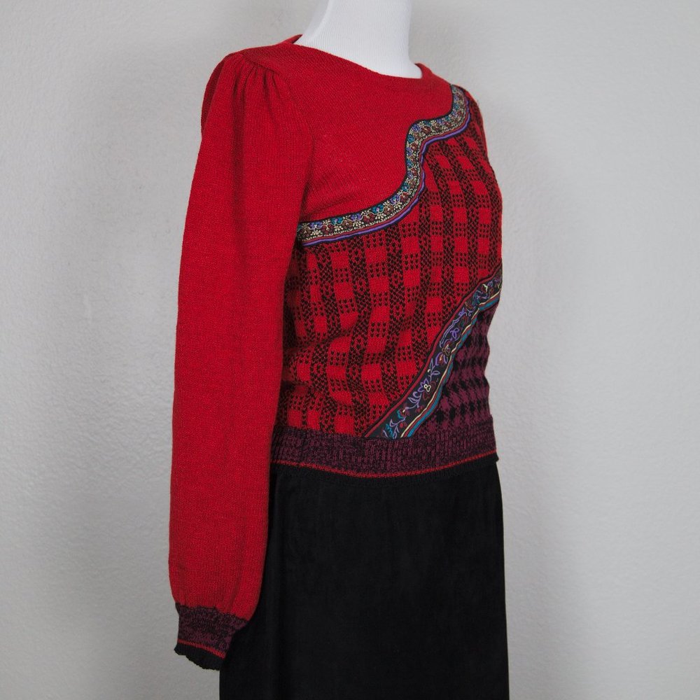 VTG red sweater 70s puff sleeves mixing prints